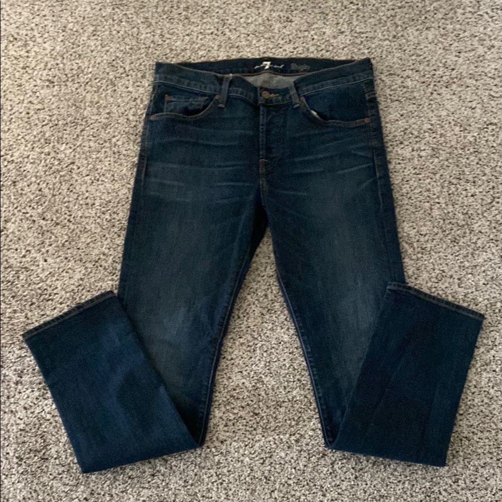 7 For All Mankind Men's Deep Indigo Straight Jeans. Button Fly Skinnier fit